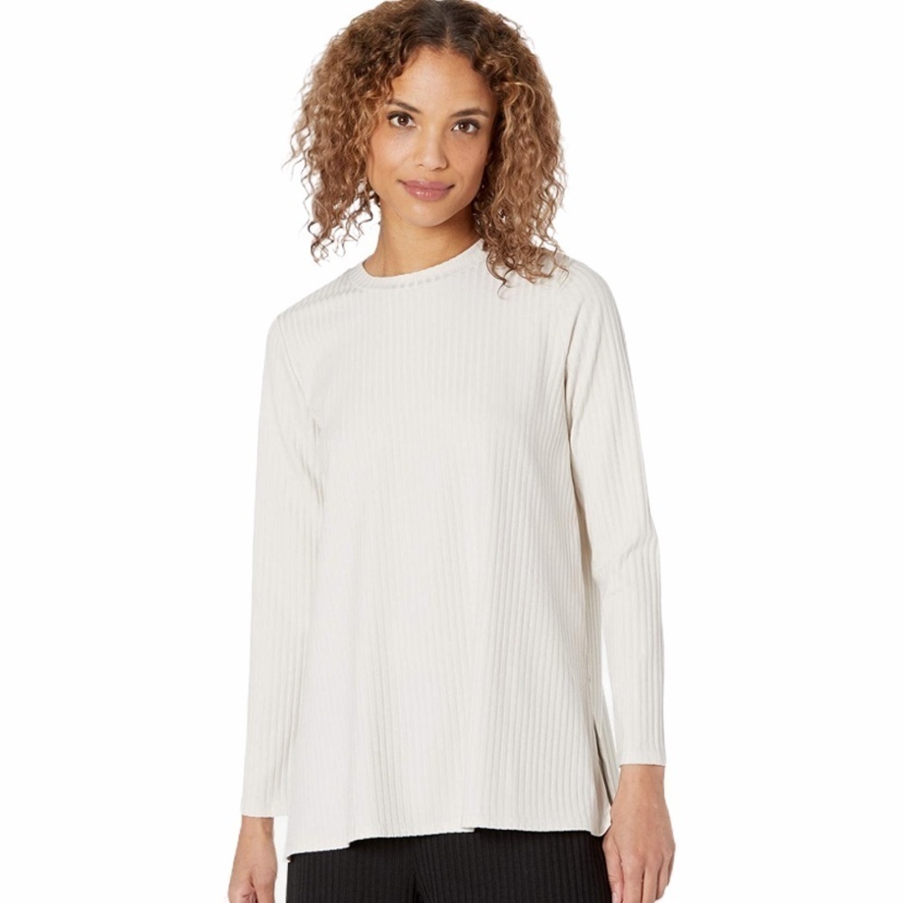 Eileen Fisher Textured Stretch Rib Crew Neck Tunic top high low size medium